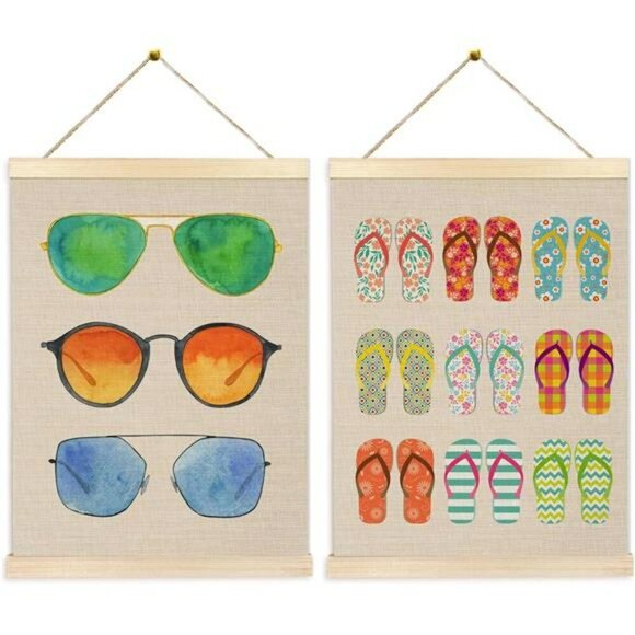 Summer Beach Wall Art Set Flip Flop Coastal Decor Hanging Posters 12x16 Inch - Picture 1 of 7